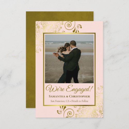 Elegant Gold Lace on Blush Pink Photo Engagement Announcement