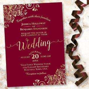 Elegant Gold Lace on Burgundy Maroon Wedding Foil Invitation