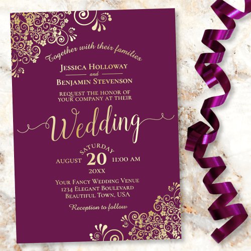 Elegant Gold Lace on Cassis Magenta Wedding Foil Invitation