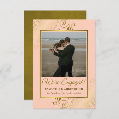 Elegant Gold Lace on Coral Peach Photo Engagement Announcement