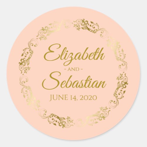 Elegant Gold Lace on Coral Peach Wedding Favor Classic Round Sticker