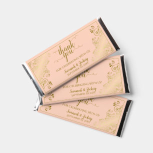 Elegant Gold Lace on Coral Peach Wedding Thank You Hershey Bar Favors