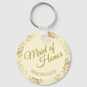 Elegant Gold Lace on Cream Maid of Honor Wedding Keychain