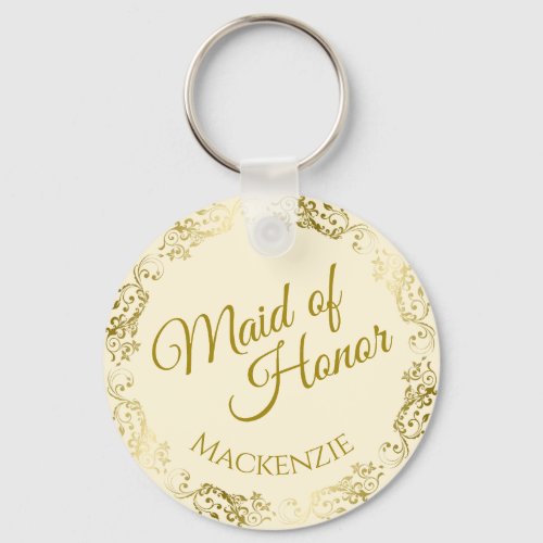 Elegant Gold Lace on Cream Maid of Honor Wedding Keychain