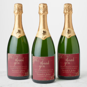 Elegant Gold Lace on Crimson Red Wedding Thank You Sparkling Wine Label