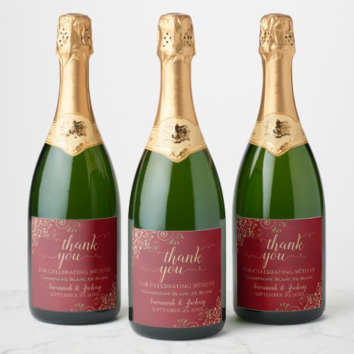 Elegant Gold Lace on Crimson Red Wedding Thank You Sparkling Wine Label