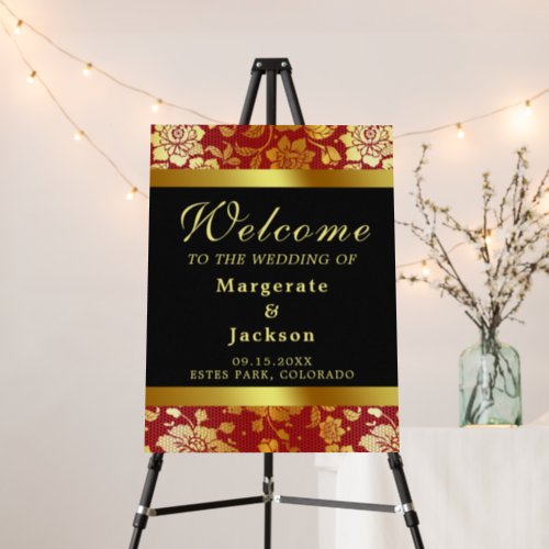 Elegant Gold Lace on Crimson Red Wedding Welcome  Foam Board