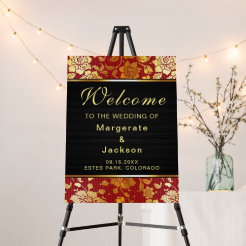 Elegant Gold Lace on Crimson Red Wedding Welcome  Foam Board