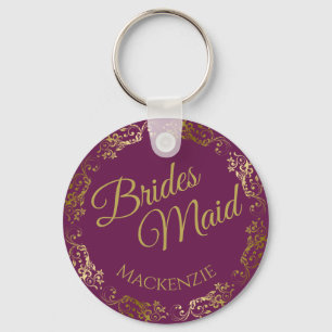 Elegant Gold Lace on Magenta Bridesmaid Wedding Keychain