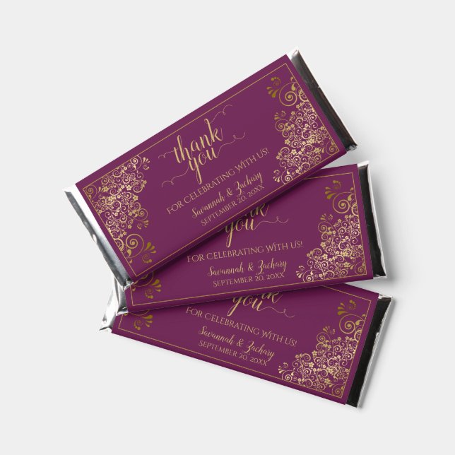 Elegant Gold Lace on Magenta Wedding Thank You Hershey Bar Favors (Front)