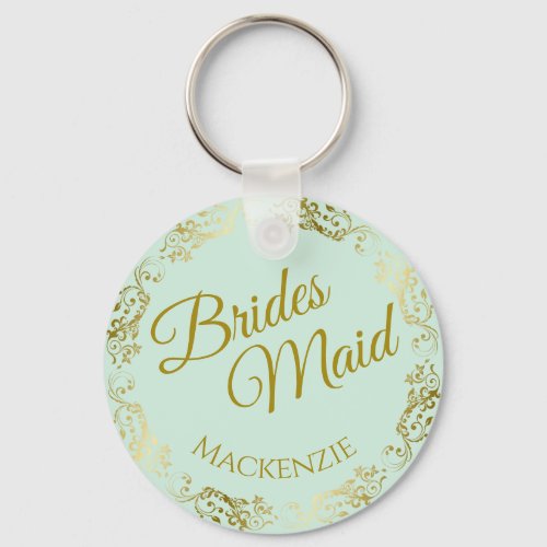 Elegant Gold Lace on Mint Bridesmaid Wedding Keychain