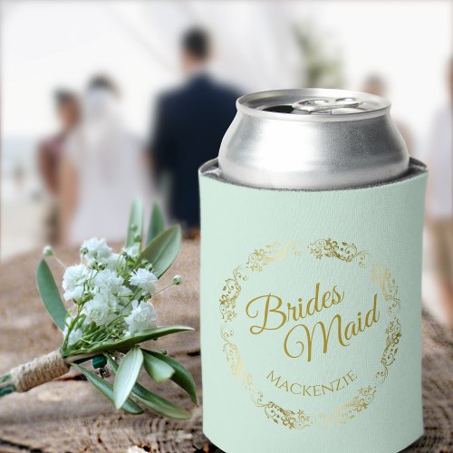 Elegant Gold Lace on Mint Green Bridesmaid Wedding Can Cooler