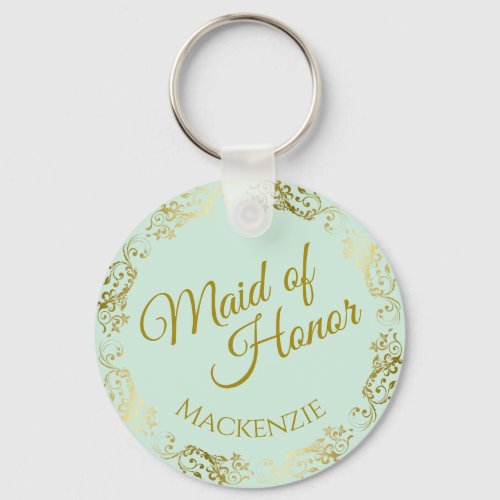 Elegant Gold Lace on Mint Maid of Honor Wedding Keychain