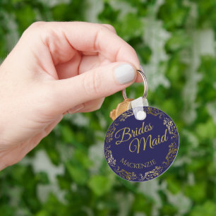 Elegant Gold Lace on Navy Blue Bridesmaid Wedding Keychain