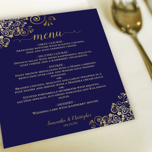 Elegant Gold Lace on Navy Blue Budget Wedding Menu