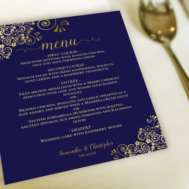 Elegant Gold Lace on Navy Blue Budget Wedding Menu (Creator Uploaded)