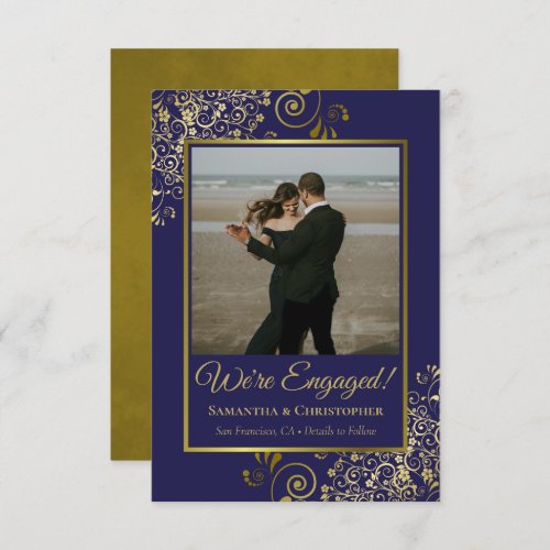 Elegant Gold Lace on Navy Blue Photo Engagement Announcement