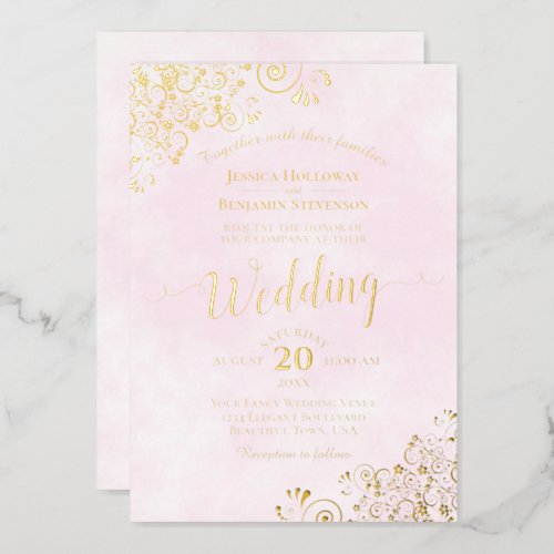Elegant Gold Lace on Pale Pink Fancy Wedding Foil Invitation
