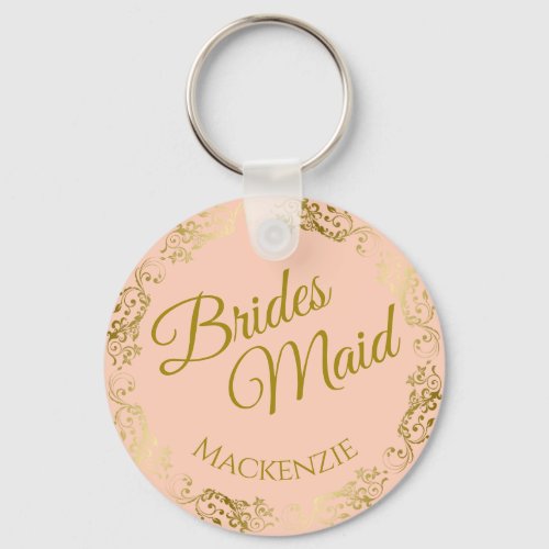 Elegant Gold Lace on Peach Bridesmaid Wedding Keychain