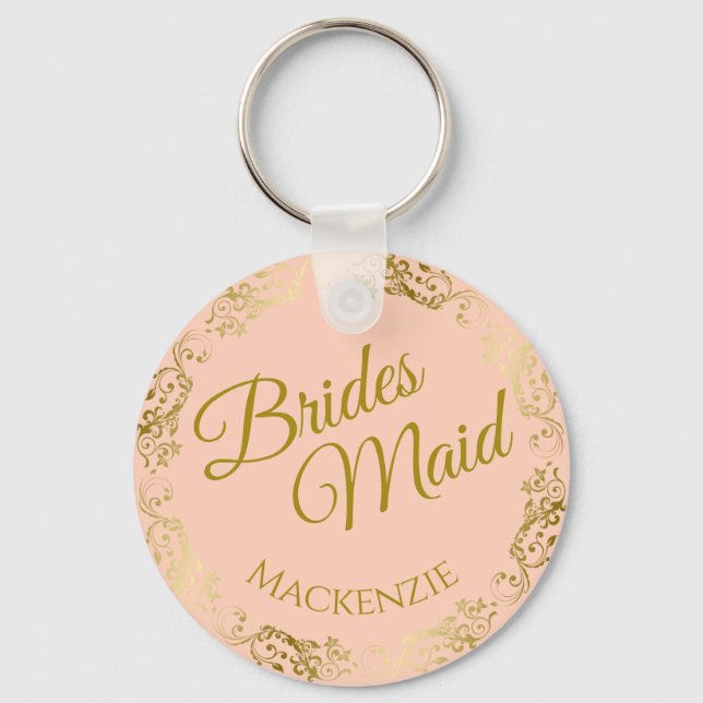 Elegant Gold Lace on Peach Bridesmaid Wedding Keychain (Front)