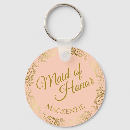 Elegant Gold Lace on Peach Maid of Honor Wedding Keychain