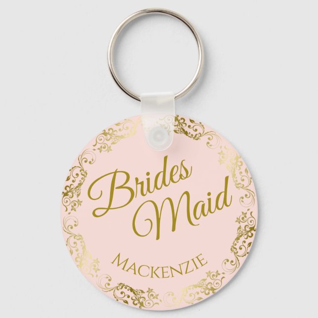 Elegant Gold Lace on Pink Bridesmaid Wedding Keychain (Front)