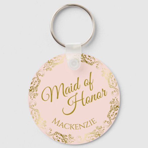 Elegant Gold Lace on Pink Maid of Honor Wedding Keychain