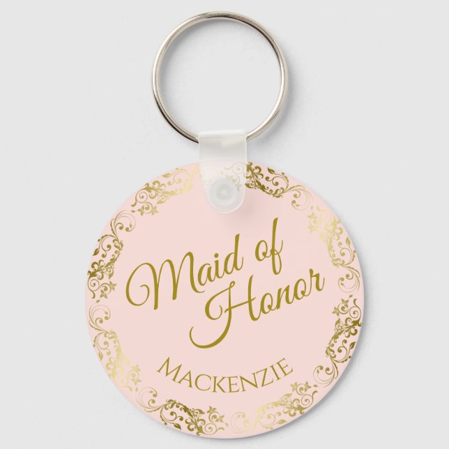 Elegant Gold Lace on Pink Maid of Honor Wedding Keychain (Front)