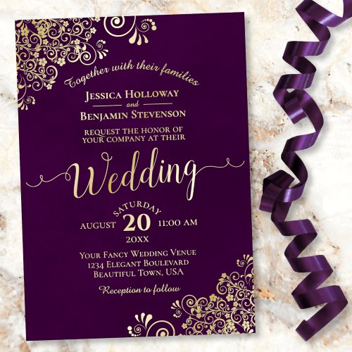 Elegant Gold Lace on Plum Purple Frilly Wedding Foil Invitation