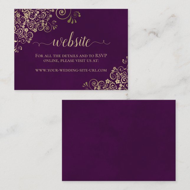 Elegant Gold Lace on Plum Purple Wedding Website Enclosure Card (Front/Back)