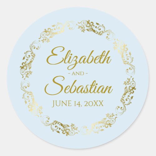 Elegant Gold Lace on Powder Blue Wedding Favor Classic Round Sticker