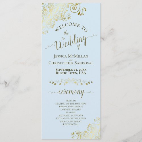 Elegant Gold Lace on Powder Blue Wedding Program