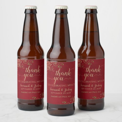 Elegant Gold Lace on Red Wedding Thank You Beer Bottle Label