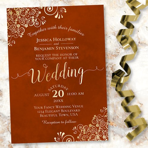 Elegant Gold Lace on Rust Orange Frilly Wedding Foil Invitation