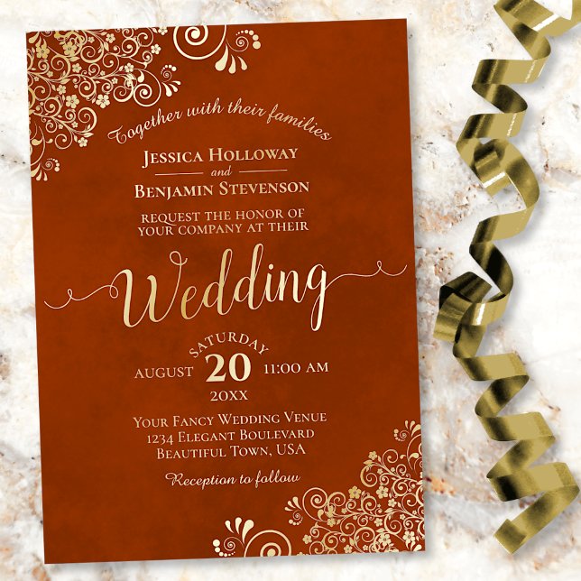 Elegant Gold Lace on Rust Orange Frilly Wedding Foil Invitation (Creator Uploaded)