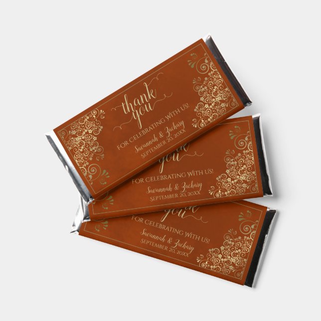 Elegant Gold Lace on Rust Orange Wedding Thank You Hershey Bar Favors (Front)