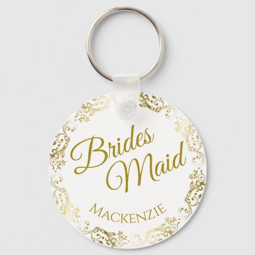 Elegant Gold Lace on White Bridesmaid Wedding Keychain