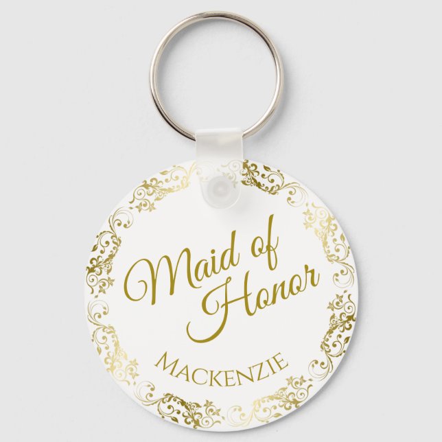 Elegant Gold Lace on White Maid of Honor Wedding Keychain (Front)