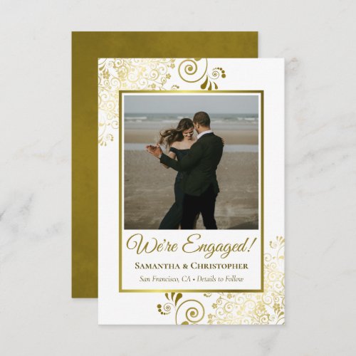 Elegant Gold Lace on White Photo Engagement Announcement