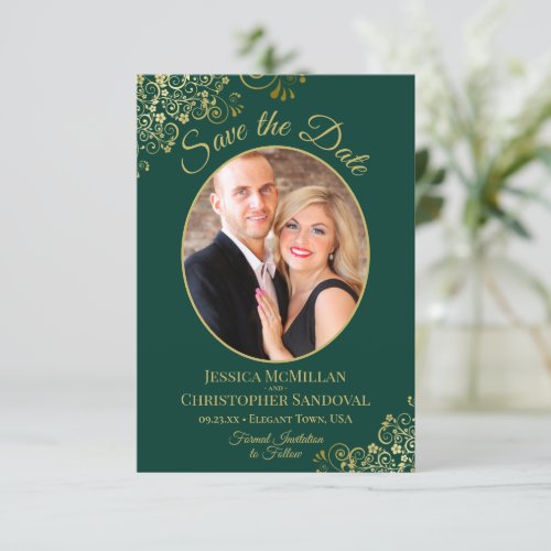 Elegant Gold Lace Oval Photo Emerald Green Wedding Save The Date