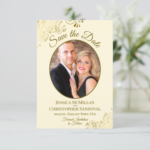 Elegant Gold Lace Oval Photo Ivory Cream Wedding Save The Date