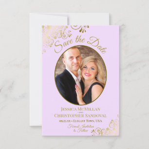 Elegant Gold Lace Oval Photo Lilac Purple Wedding Save The Date