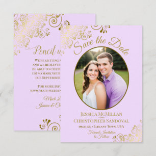 Elegant Gold Lace Oval Photo Lilac Purple Wedding Save The Date