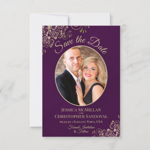Elegant Gold Lace Oval Photo Plum Purple Wedding Save The Date