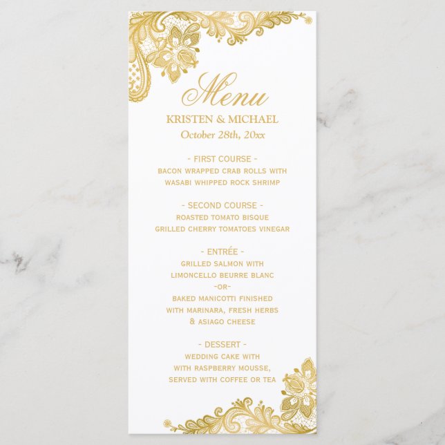 Elegant Gold Lace Pattern Wedding Menu (Front)