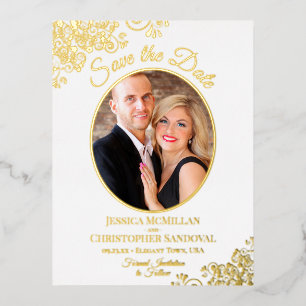 Elegant Gold Lace & Photo White Save the Date Foil Invitation Postcard