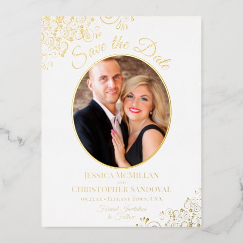 Elegant Gold Lace  Photo White Save the Date Foil Invitation Postcard