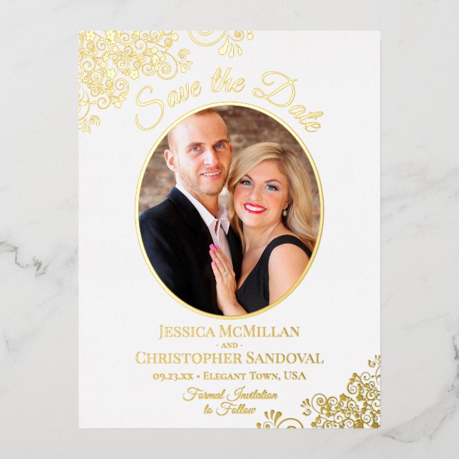 Elegant Gold Lace & Photo White Save the Date Foil Invitation Postcard (Front)