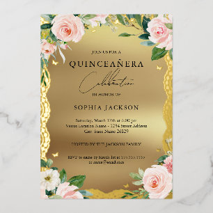 Elegant Gold Lace Pink Floral Photo Quinceanera  Foil Invitation