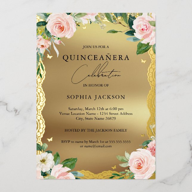 Elegant Gold Lace Pink Floral Photo Quinceanera  Foil Invitation (Front)